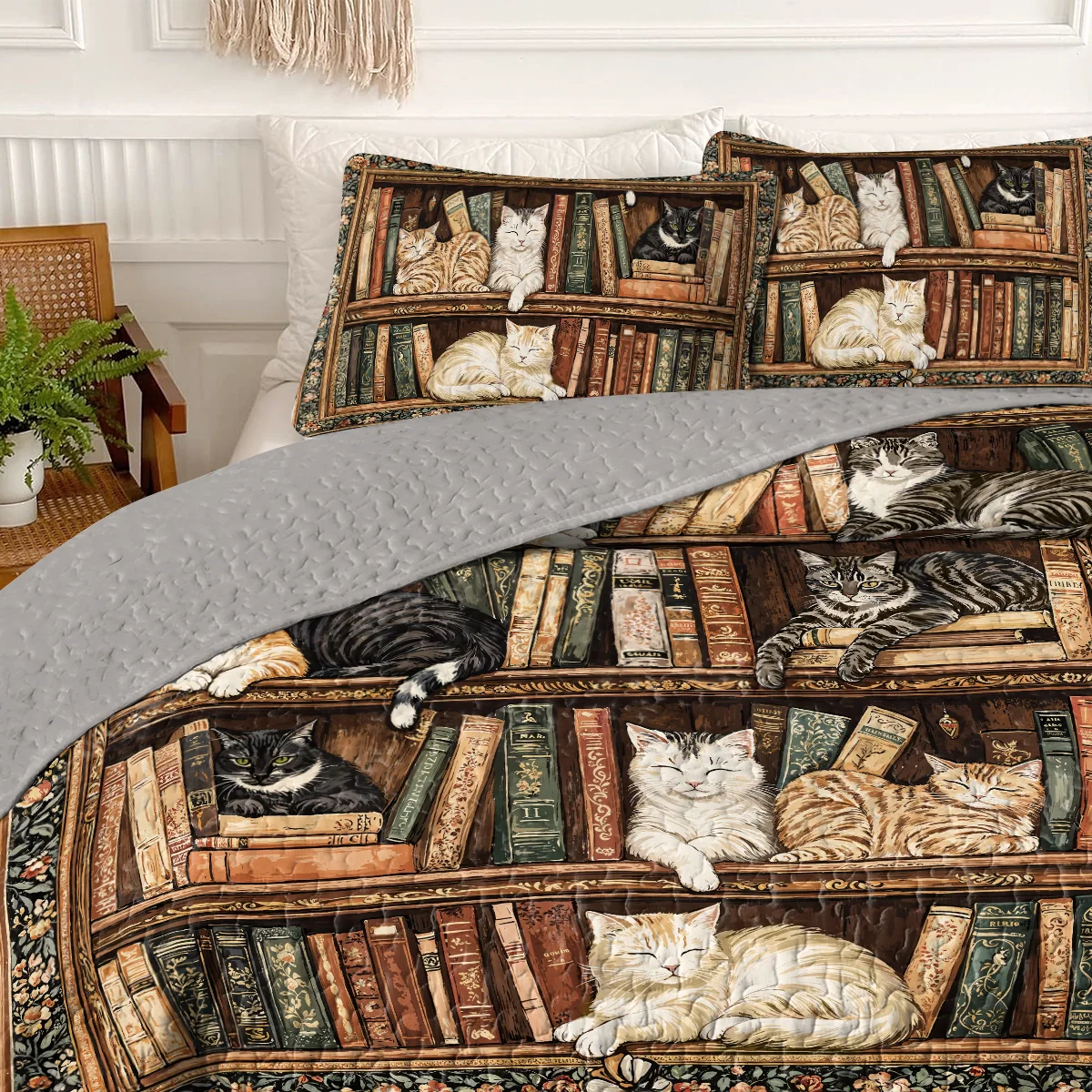 Shineful Quilt 3-Piece Set Book Nook Cats Reading