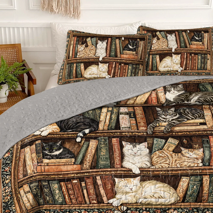 Shineful Quilt 3-Piece Set Book Nook Cats Reading