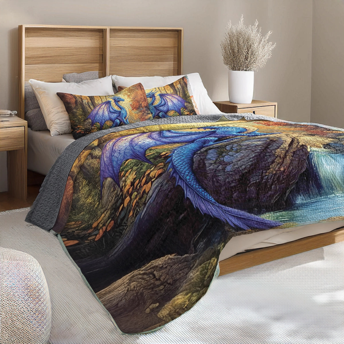 Shineful All Season Quilt 3-Piece Set - Guardian Dragon Waterfall