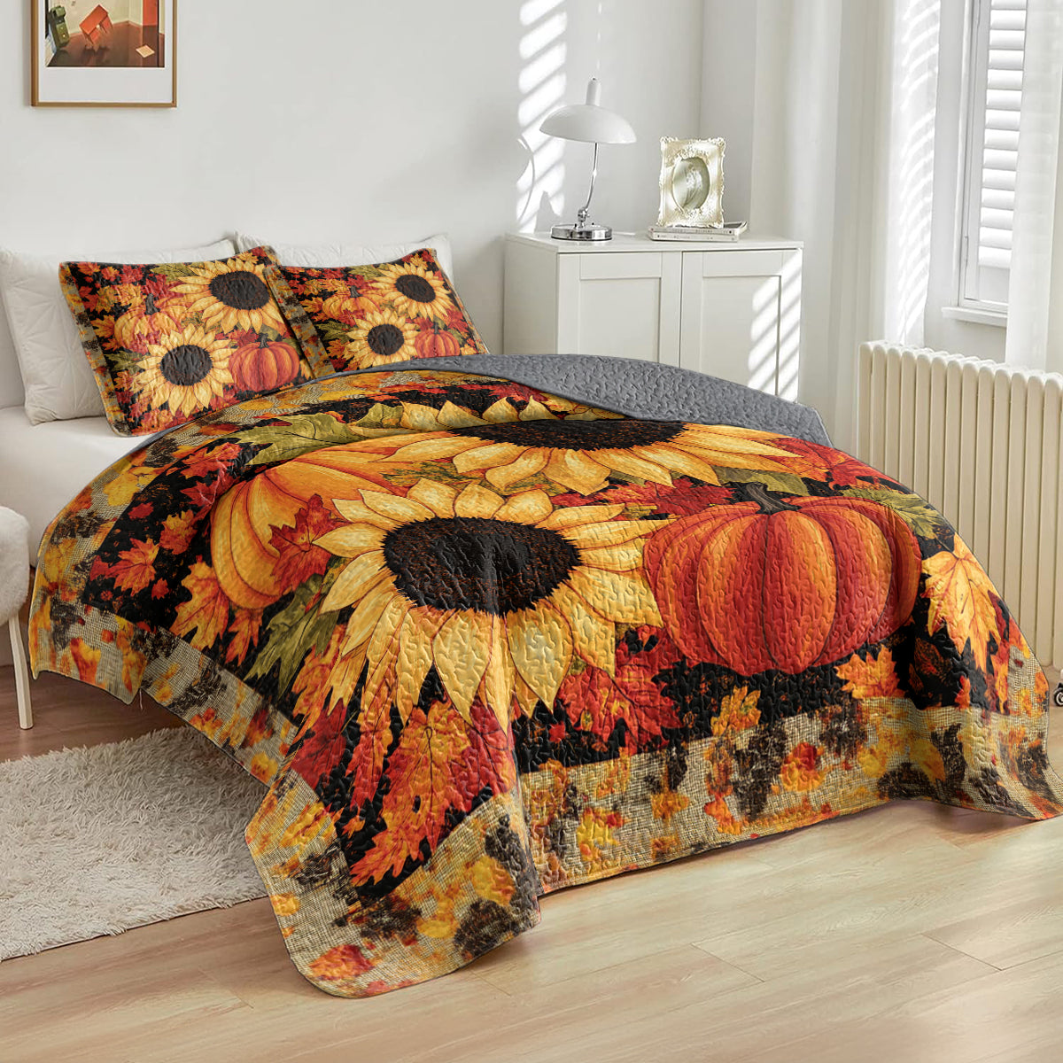 Shineful All Season Quilt 3-Piece Set Autumn Sunflower & Pumpkin