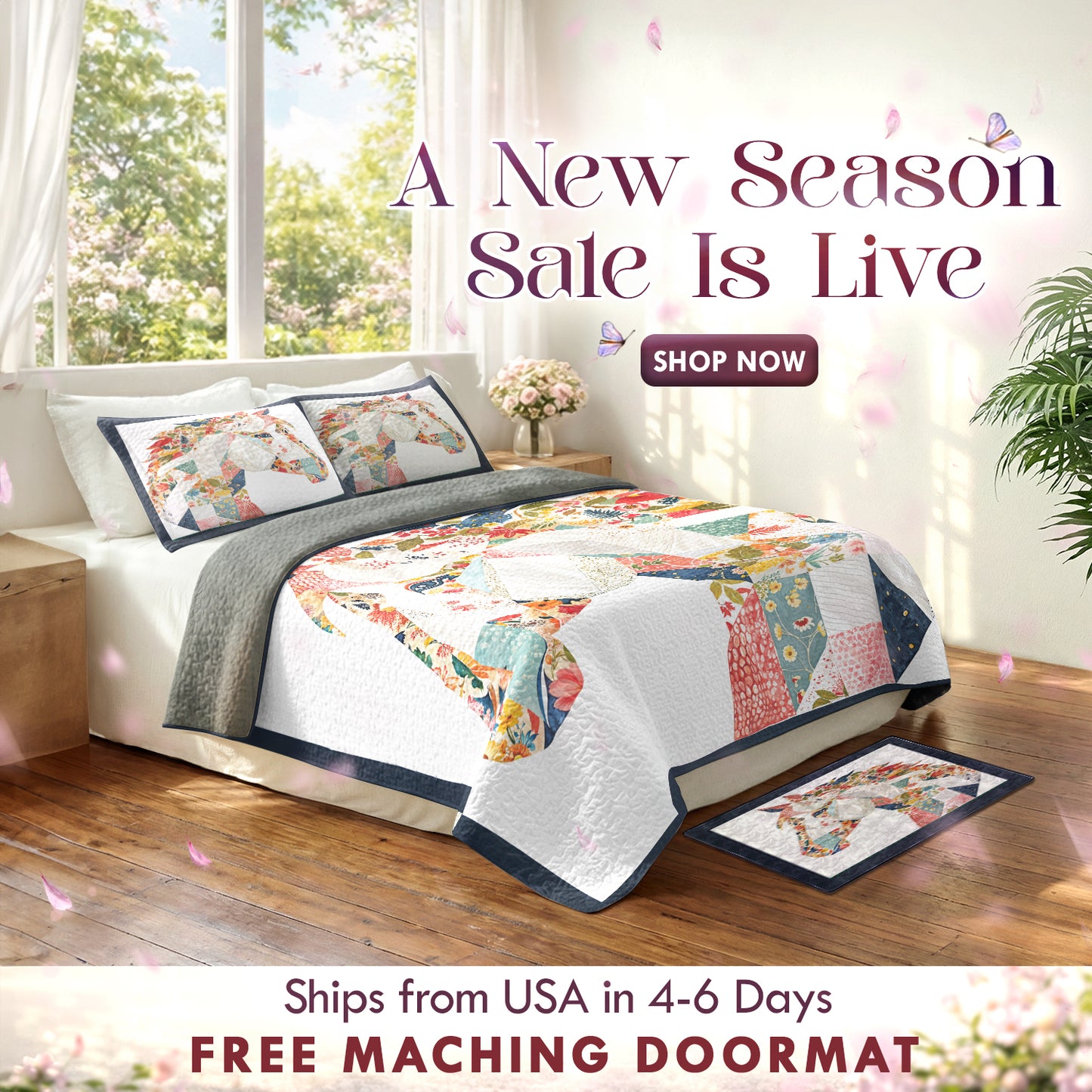 Shineful Quilt 3-Piece Set Charming Floral Horse