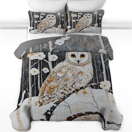 Shineful Flat Print All Season Quilt 3-Piece Set Charming Owl White Flowers Winter