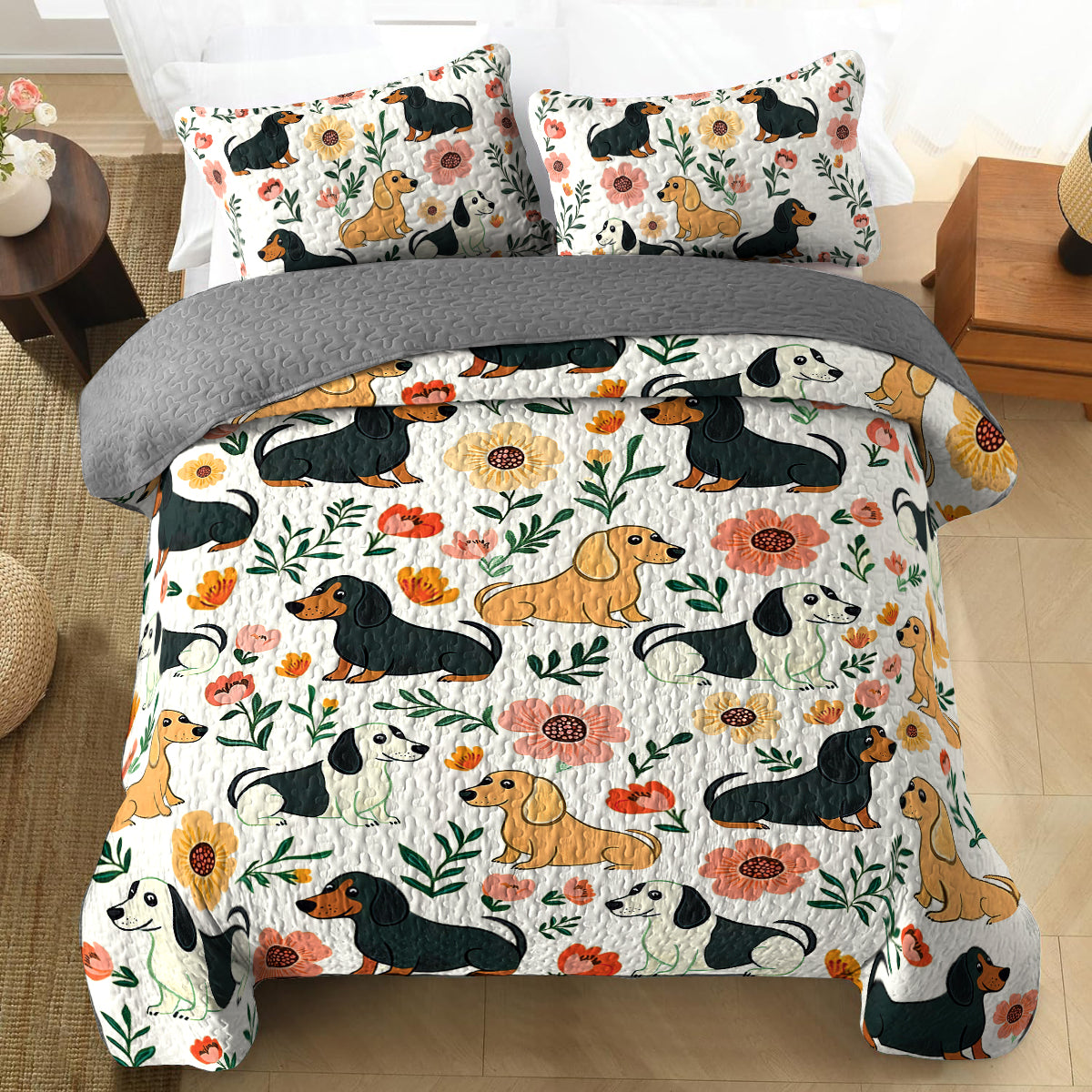 Shineful All Season Quilt 3-Piece Set - Playful Dachshunds In Beautiful Nature