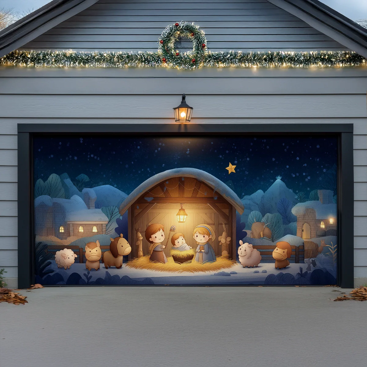 Shineful Garage Door Banner Decoration Holy Family Cartoon Nativity