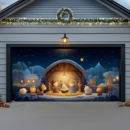 Shineful Garage Door Banner Decoration Holy Family Cartoon Nativity