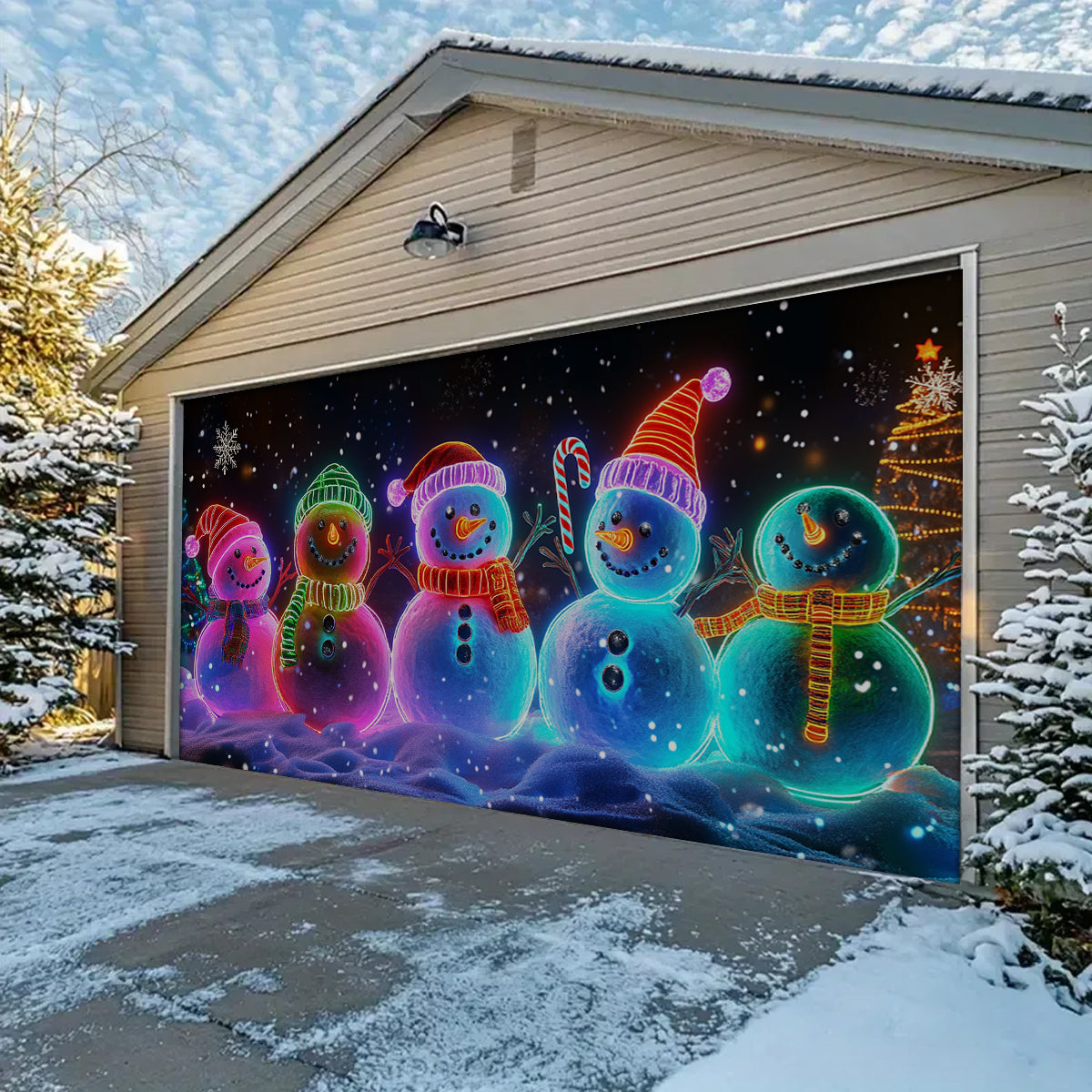 Shineful Garage Door Banner Decoration - Neon Snowman Family 3D