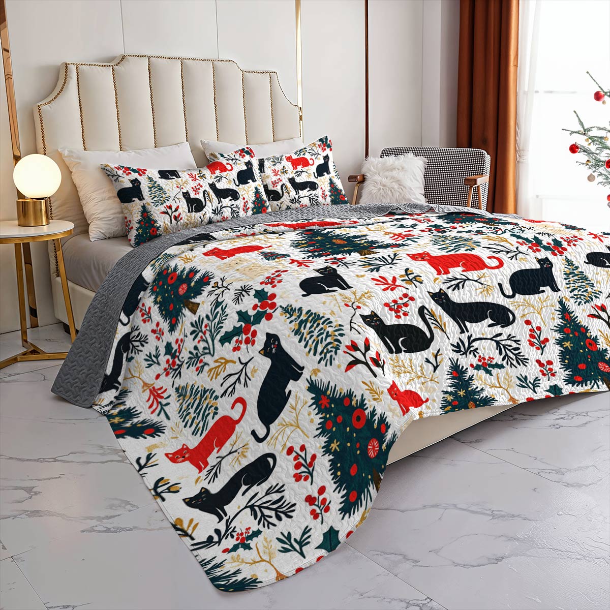 Shineful All Season Quilt 3-Piece Set Beautiful Cats Christmas