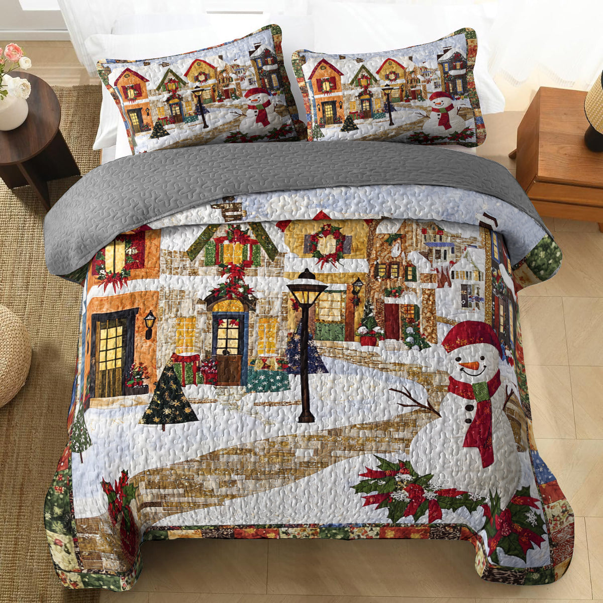 Shineful All Season Quilt 3-Piece Set Festive Snowman Village