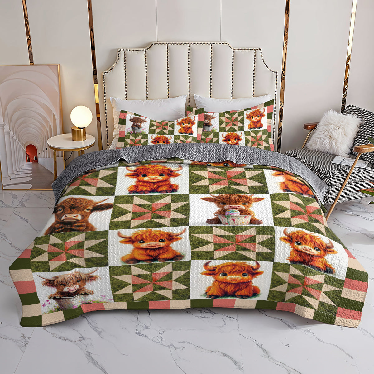 Shineful All Season Quilt 3-Piece Set Cute Highland Cow