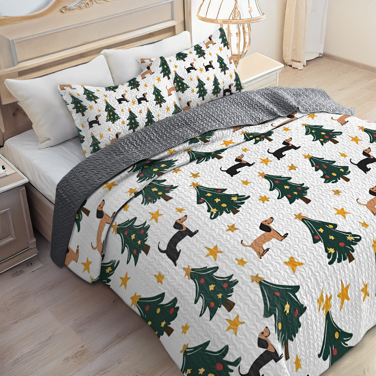 Shineful All Season Quilt 3-Piece Set Dachshund And Christmas Tree