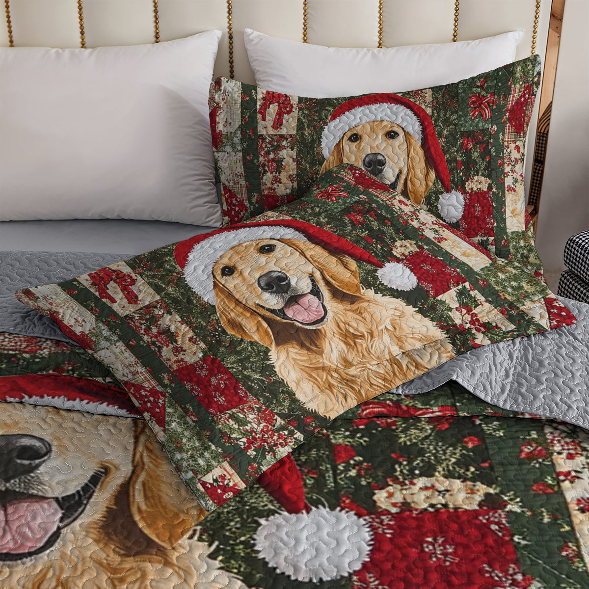 Shineful All Season Quilt 3-Piece Set Golden Retriever Christmas