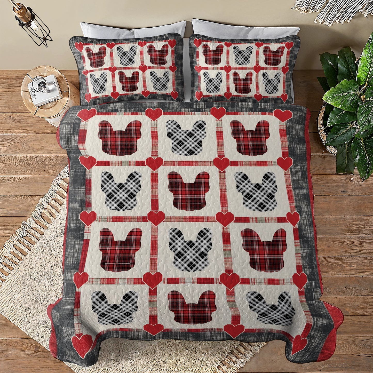 Shineful All Season Quilt 3-Piece Set French Bulldog Love Plaid