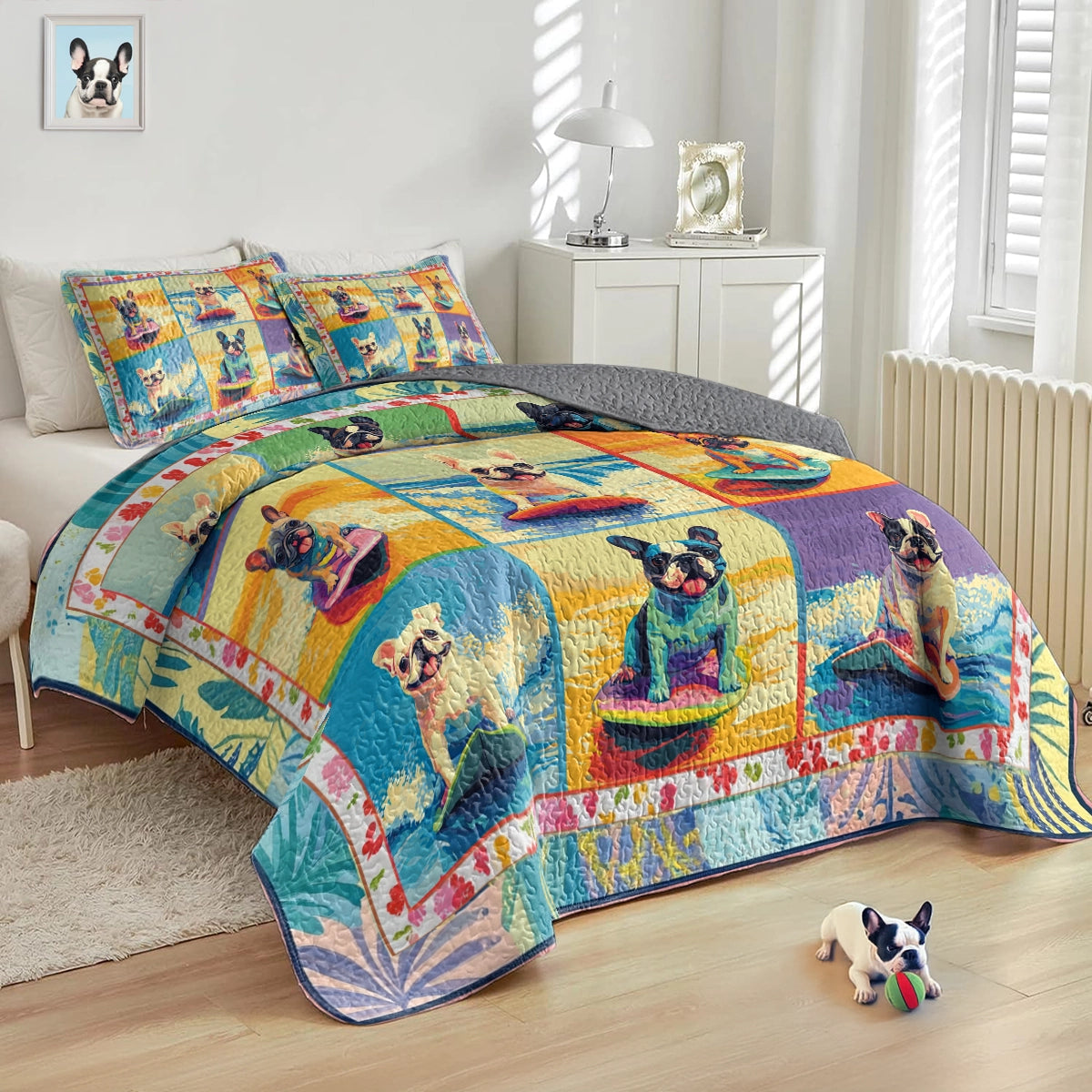 Shineful All Season Quilt 3-Piece Set - Surfing Frenchie