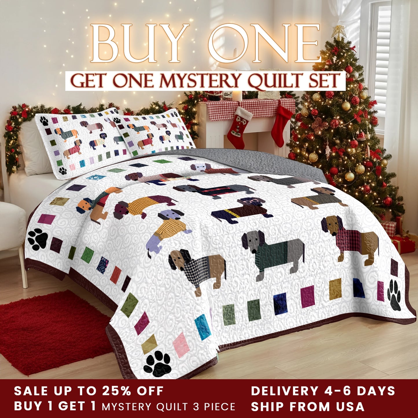 Shineful Quilt 3-Piece Set Dachshund Paws and Patches
