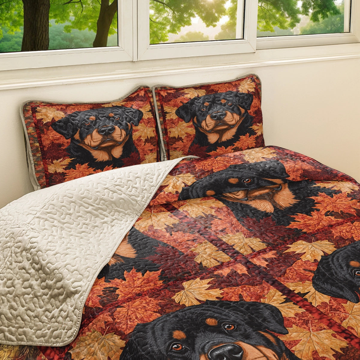 Shineful All Season Quilt 3-Piece Set - Rottweiler & Autumn Leaves