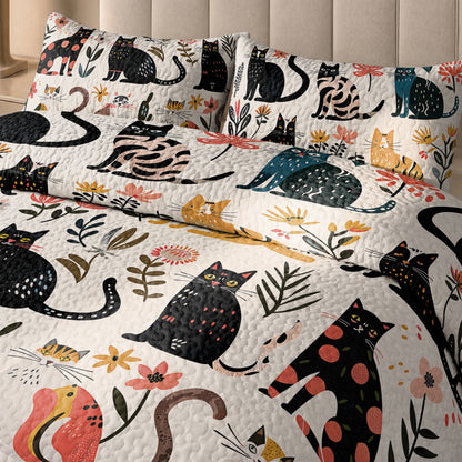 Shineful All Season Quilt 3-Piece Set Botanical Cat Bliss