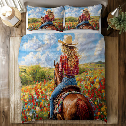 Shineful All Season Quilt 3-Piece Set Cowgirl And Horse On Flower Field