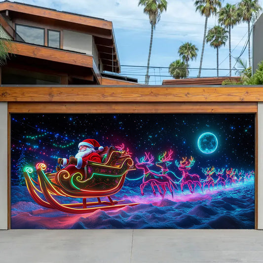 Shineful Garage Door Banner Decoration - Neon Santa Sleigh