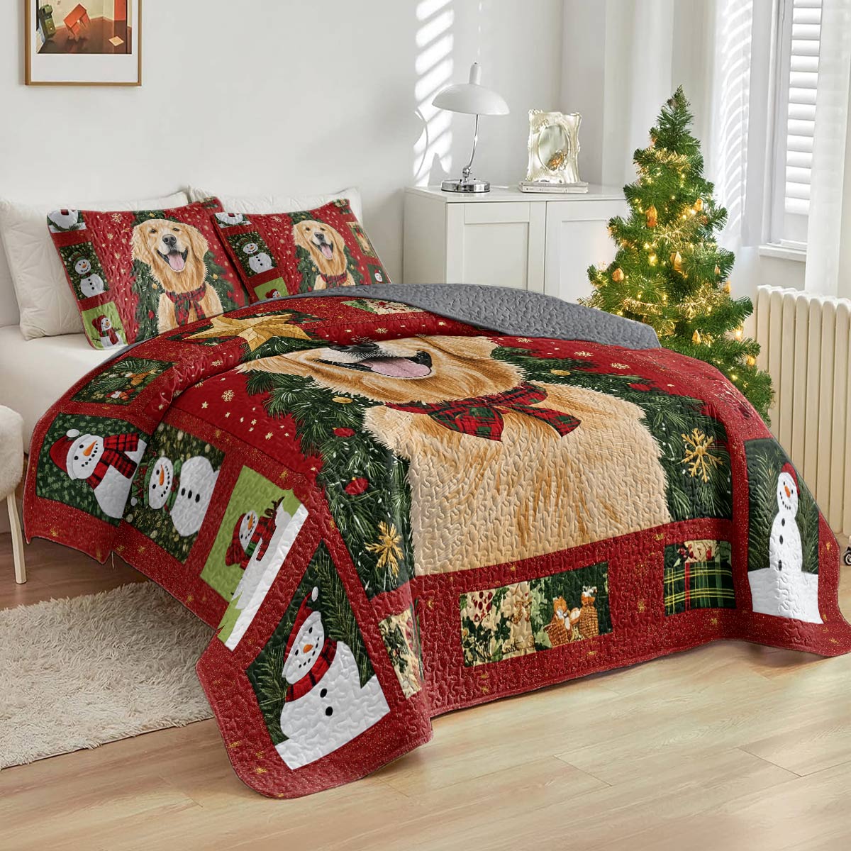 Shineful All Season Quilt 3-Piece Set - Golden Retriever Christmas Fun