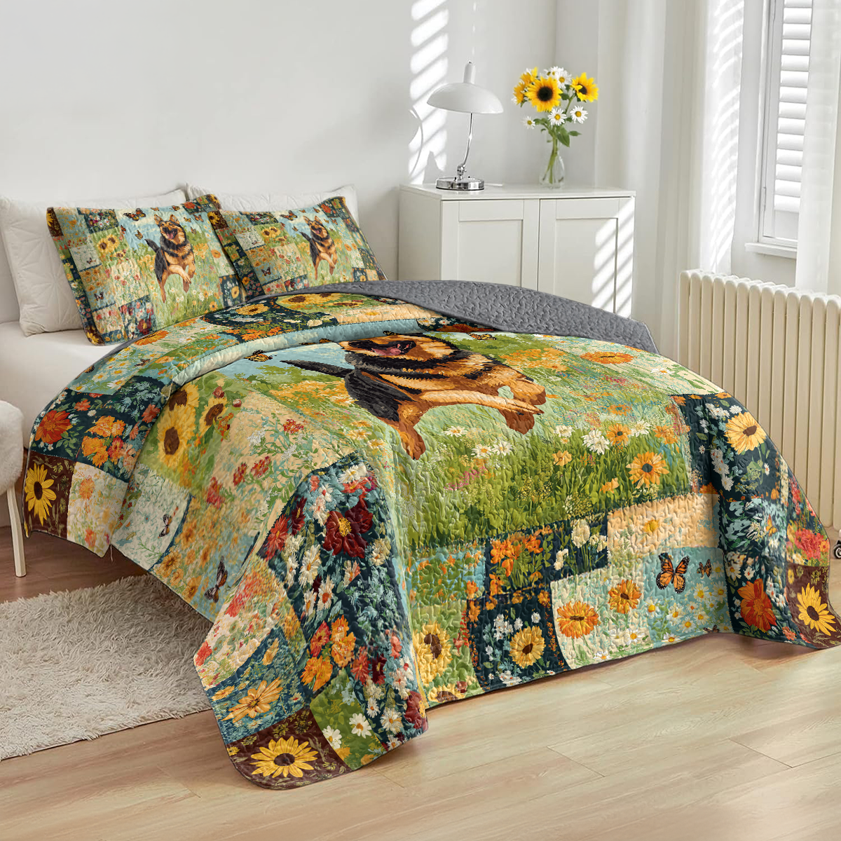 Shineful All Season Quilt 3-Piece Set Butterfly Chase German Shepherd