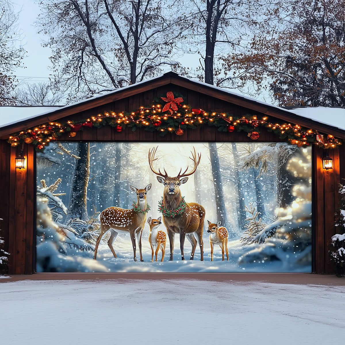 Shineful Garage Door Banner Decoration Reindeer Family