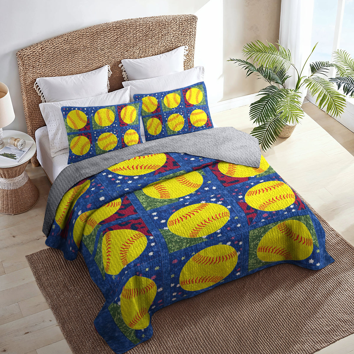 Shineful All Season Quilt 3-Piece Set Softball Patchwork