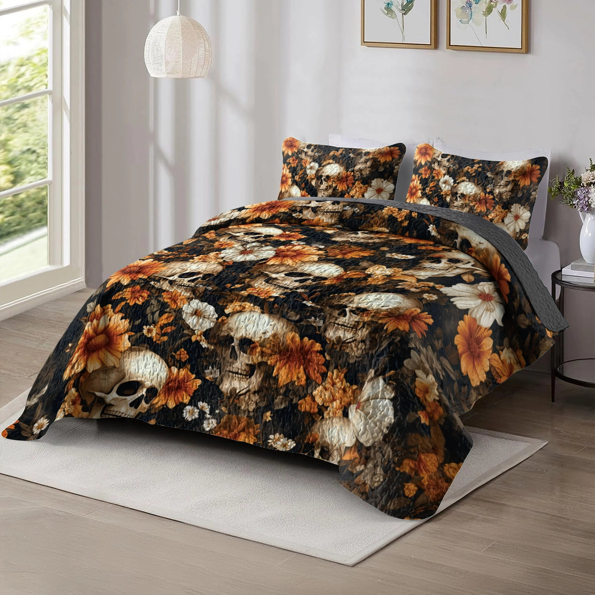 Shineful All Season Quilt 3-Piece Set Skull Memento Floral