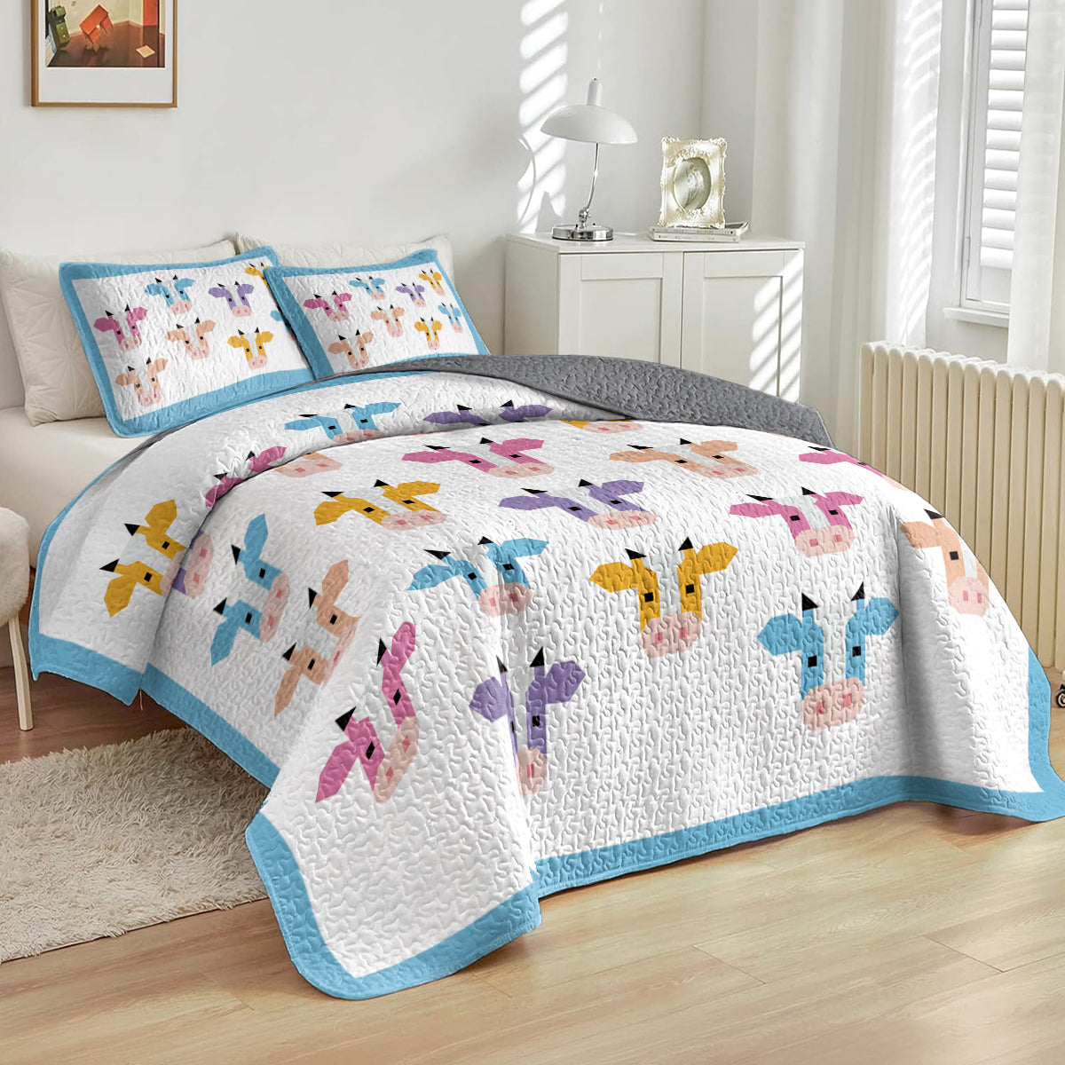 Shineful All Season Quilt 3-Piece Set Colorful Cow