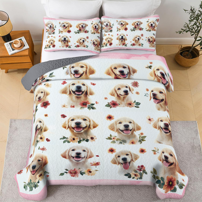 Shineful All Season Quilt 3-Piece Set - Golden with Flowers
