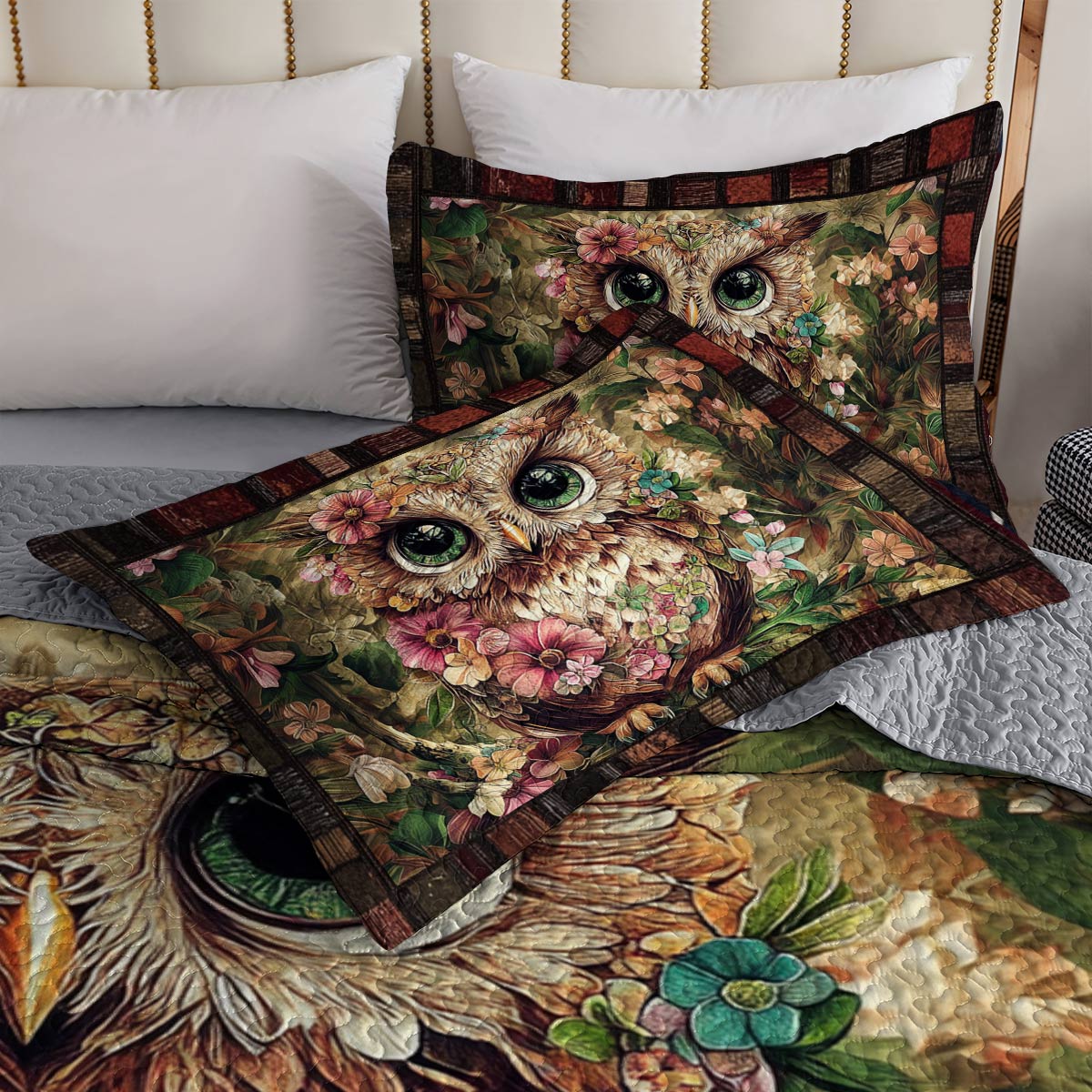 Shineful All Season Quilt 3-Piece Set Vintage Floral Owl