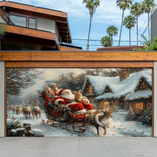 Shineful Garage Door Banner Decoration Santa's Snowy Night Scene