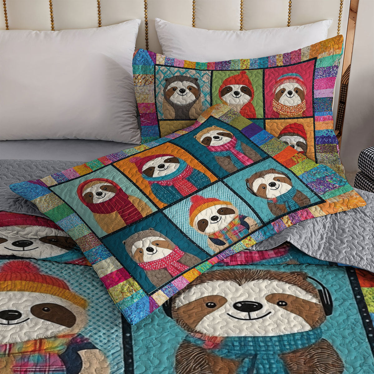 Shineful All Season Quilt 3-Piece Set Colorful Sloth Patchwork