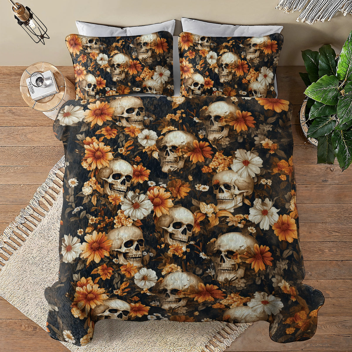 Shineful All Season Quilt 3-Piece Set Skull Memento Floral