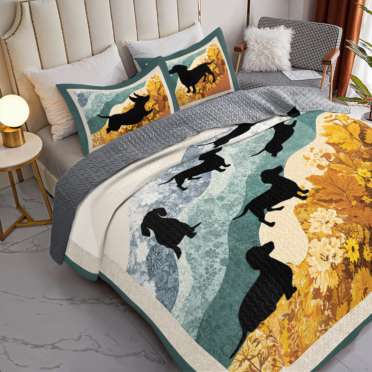 Shineful All Season Quilt 3-Piece Set Quilt Set Dachshund Autumn Walk