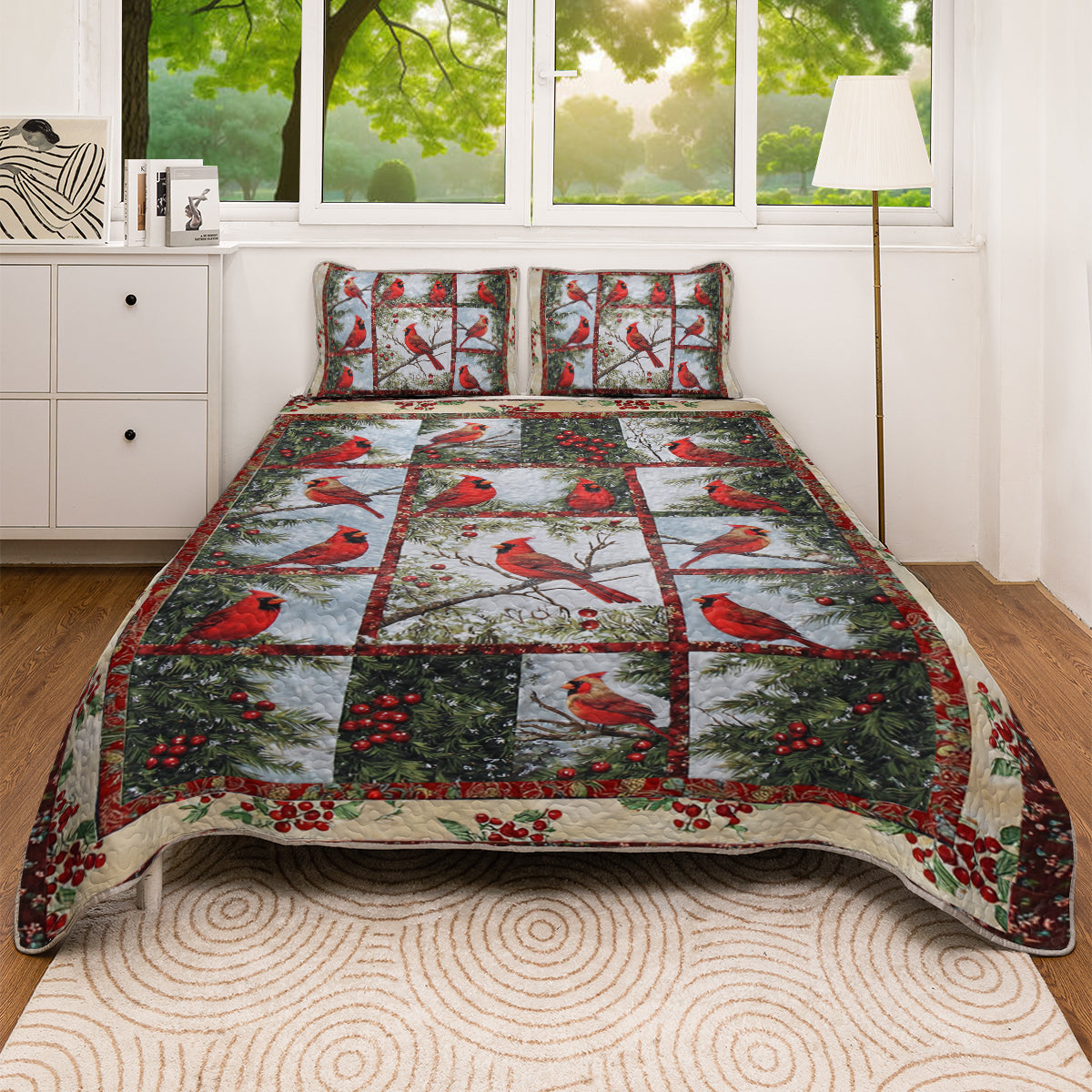 Shineful All Season Quilt 3-Piece Set Cheerful Cardinal Patchwork