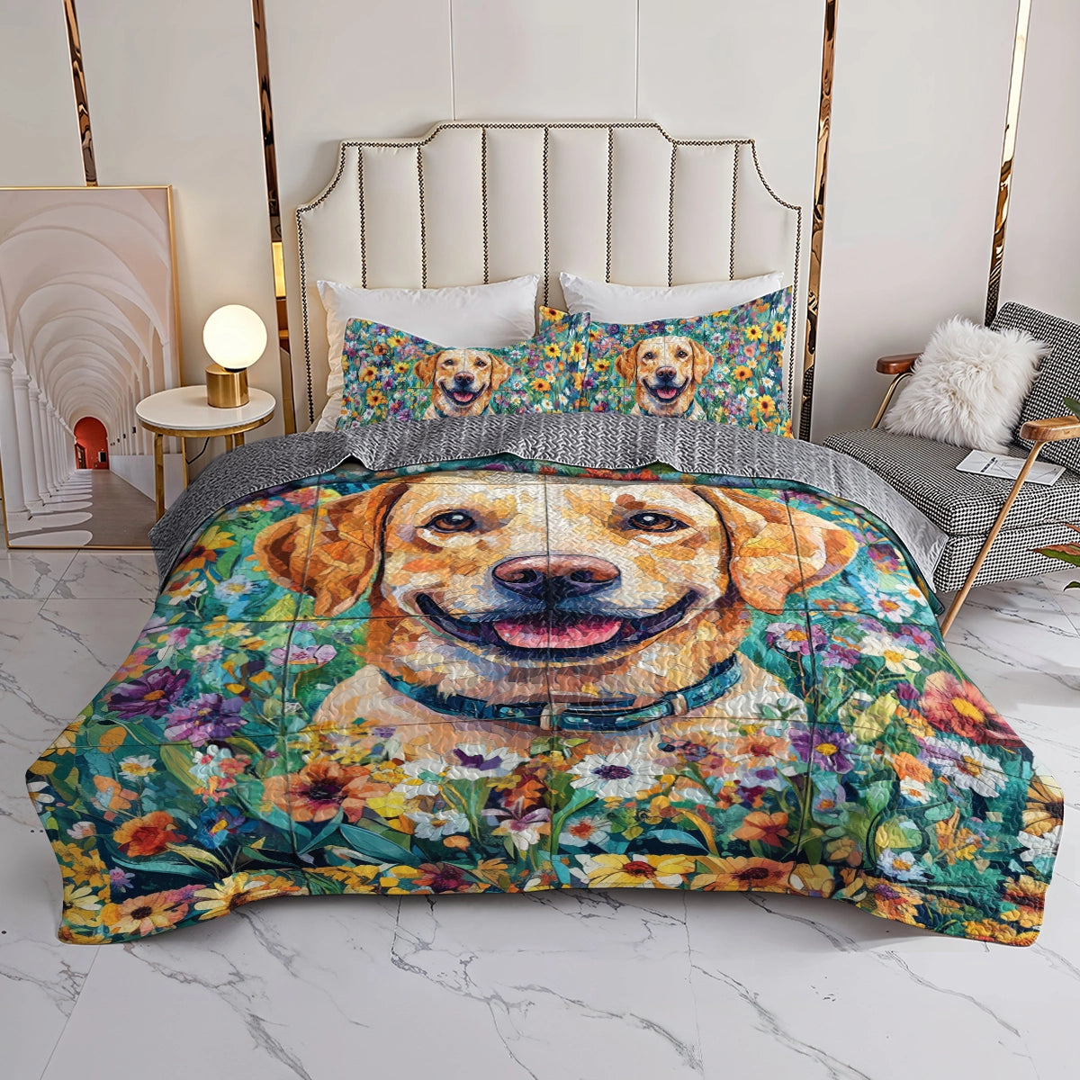 Shineful All Season Quilt 3-Piece Set - Floral Labrador Dream