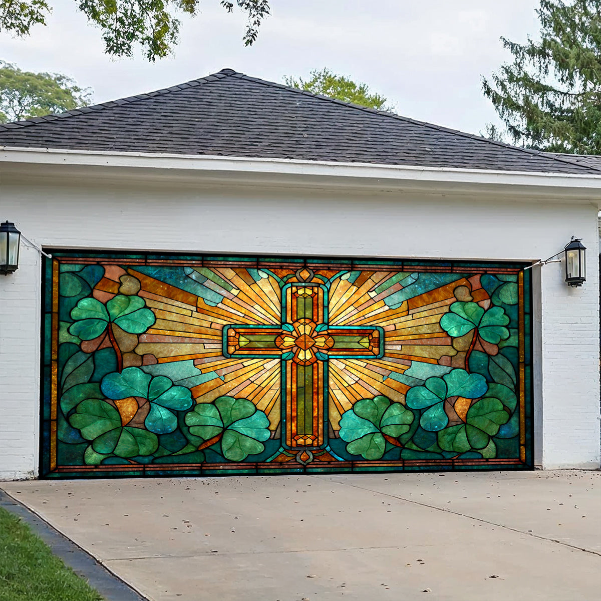 Shineful Garage Door Banner Decoration Shamrock Cross Blessing