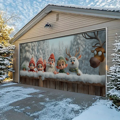 Shineful Garage Door Banner Decoration Elves & Reindeer Holiday Peek
