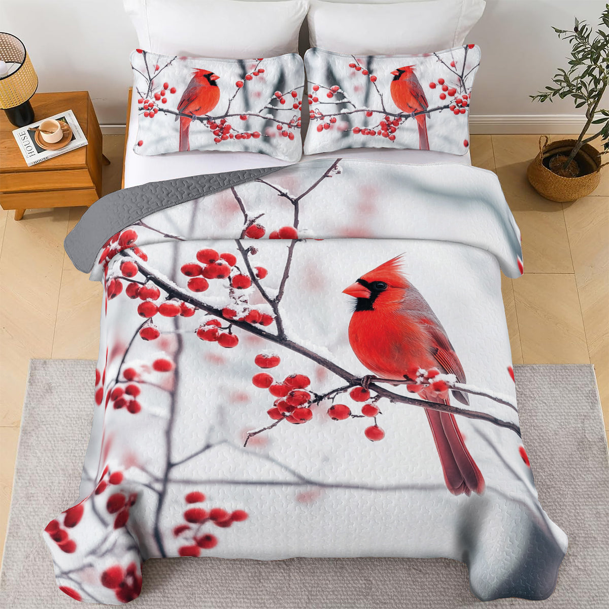 Shineful All Season Quilt 3-Piece Set Winter Cardinal