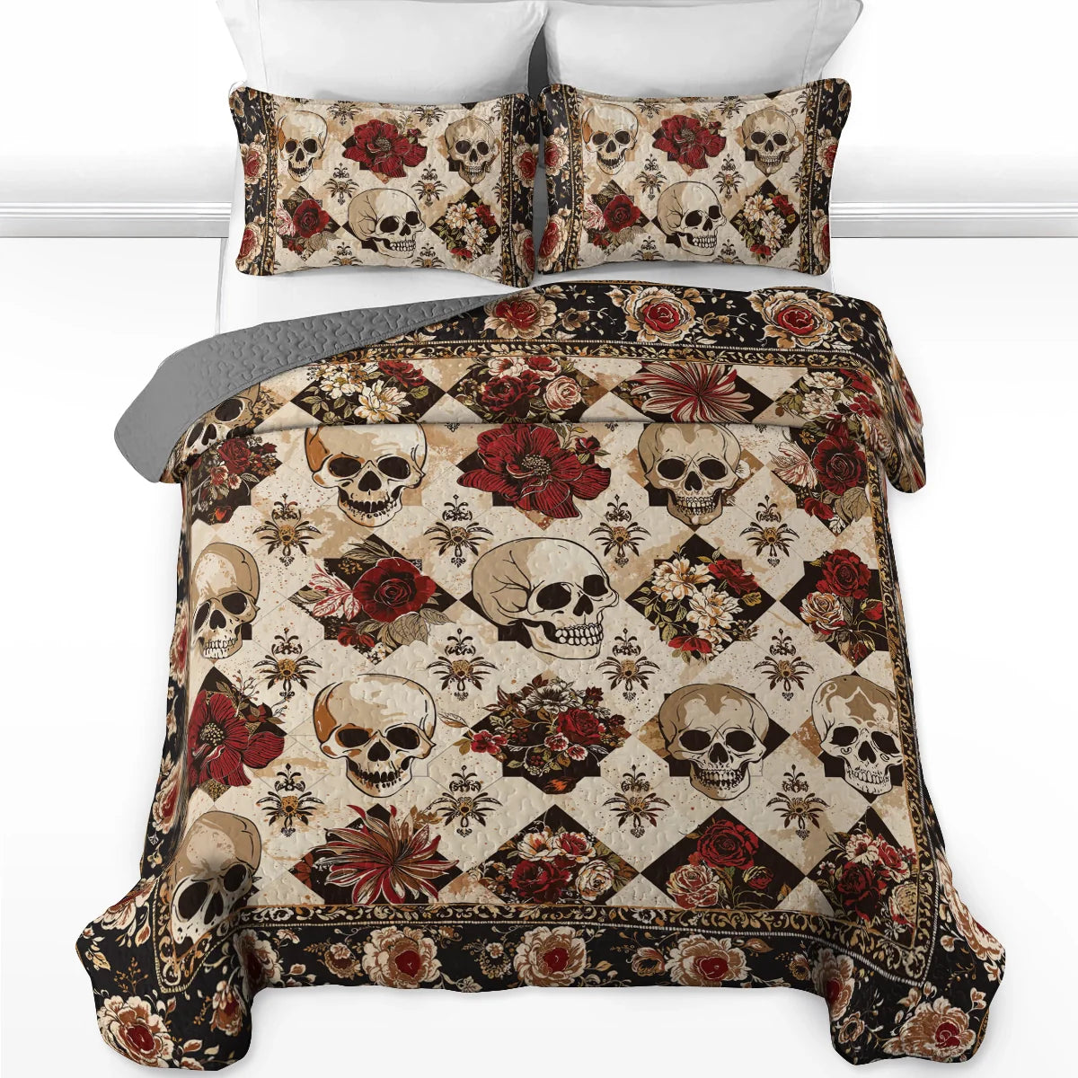 Shineful Quilt 3-Piece Set Elegent Skull Roses