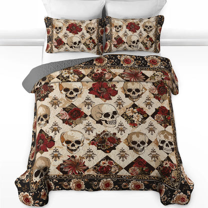 Shineful Quilt 3-Piece Set Elegent Skull Roses