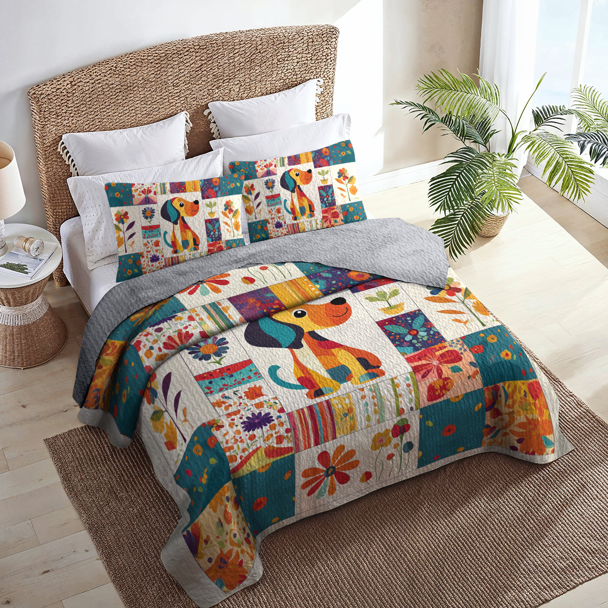 Shineful All Season Quilt 3-Piece Set Floral Dachshund