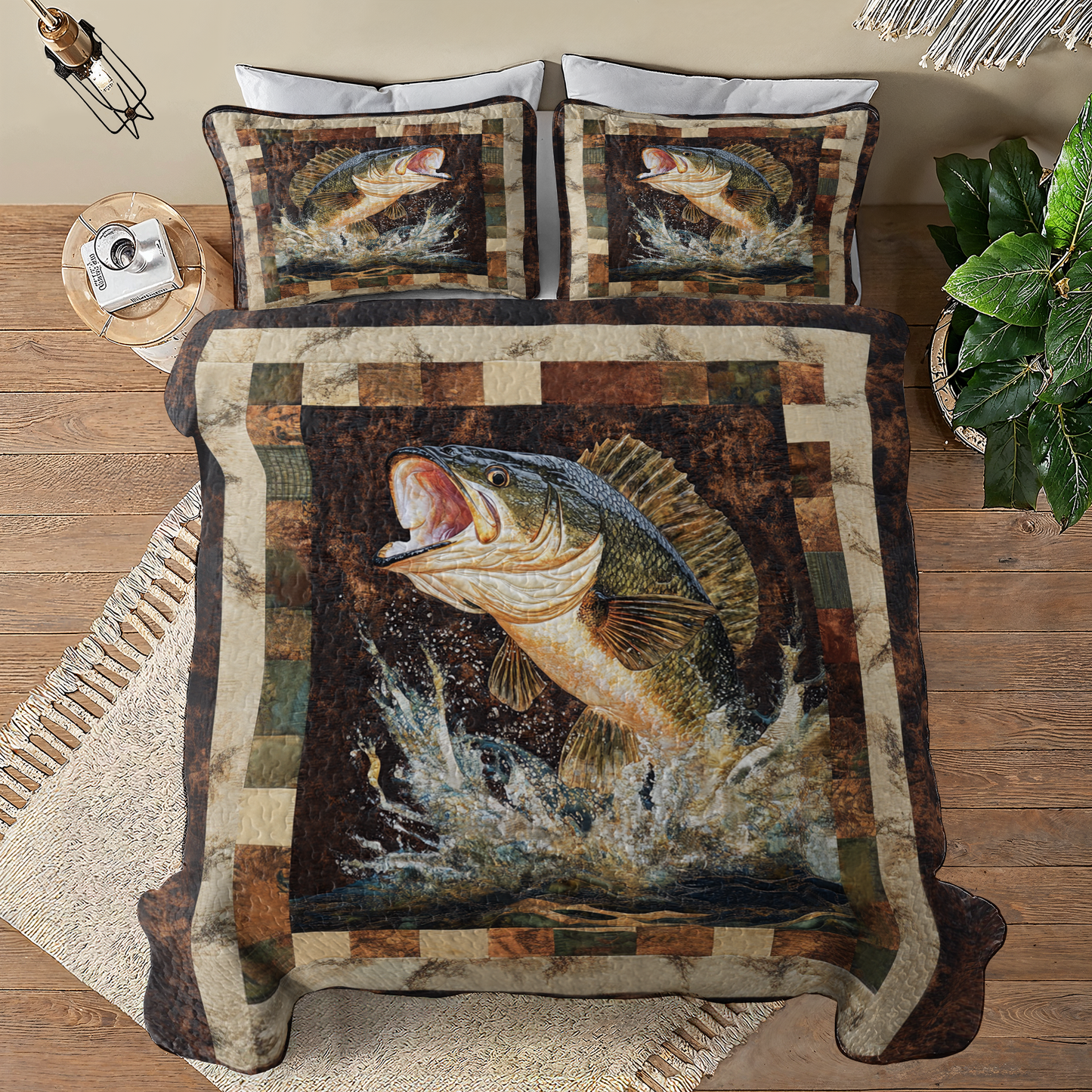Shineful All Season Quilt 3-Piece Set Retro Largemouth Bass