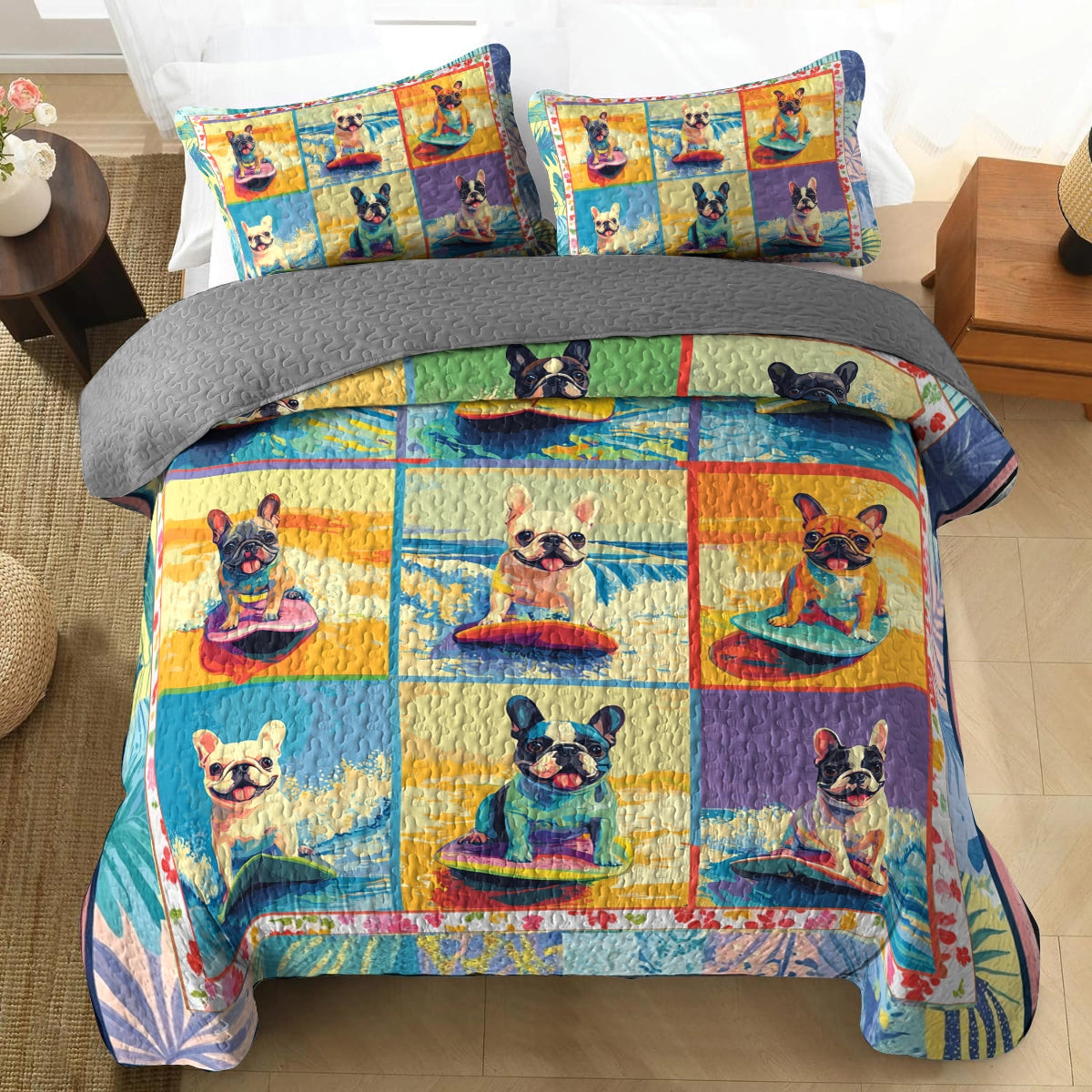 Shineful All Season Quilt 3-Piece Set - Surfing Frenchie