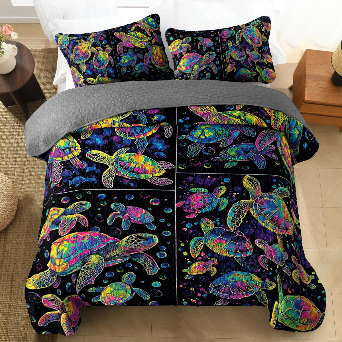 Shineful All Season Quilt 3-Piece Set Neon Bubble Sea Turtle