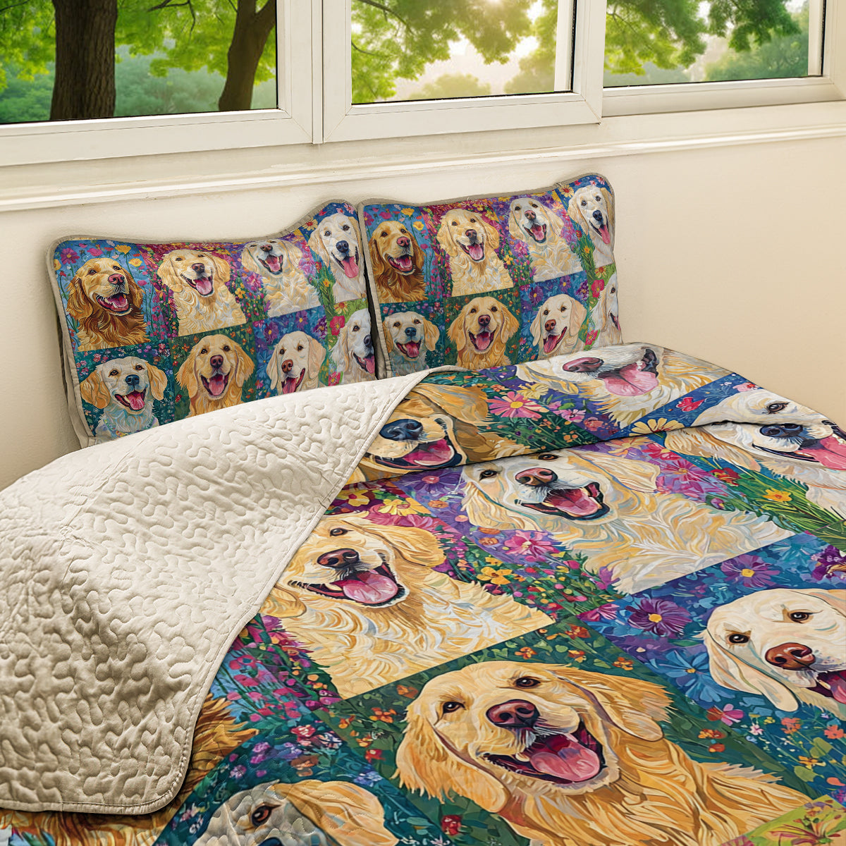 Shineful All Season Quilt 3-Piece Set Golden Retriever Garden