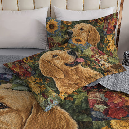 Shineful All Season Quilt 3-Piece Set Golden Retriever Floral Bliss