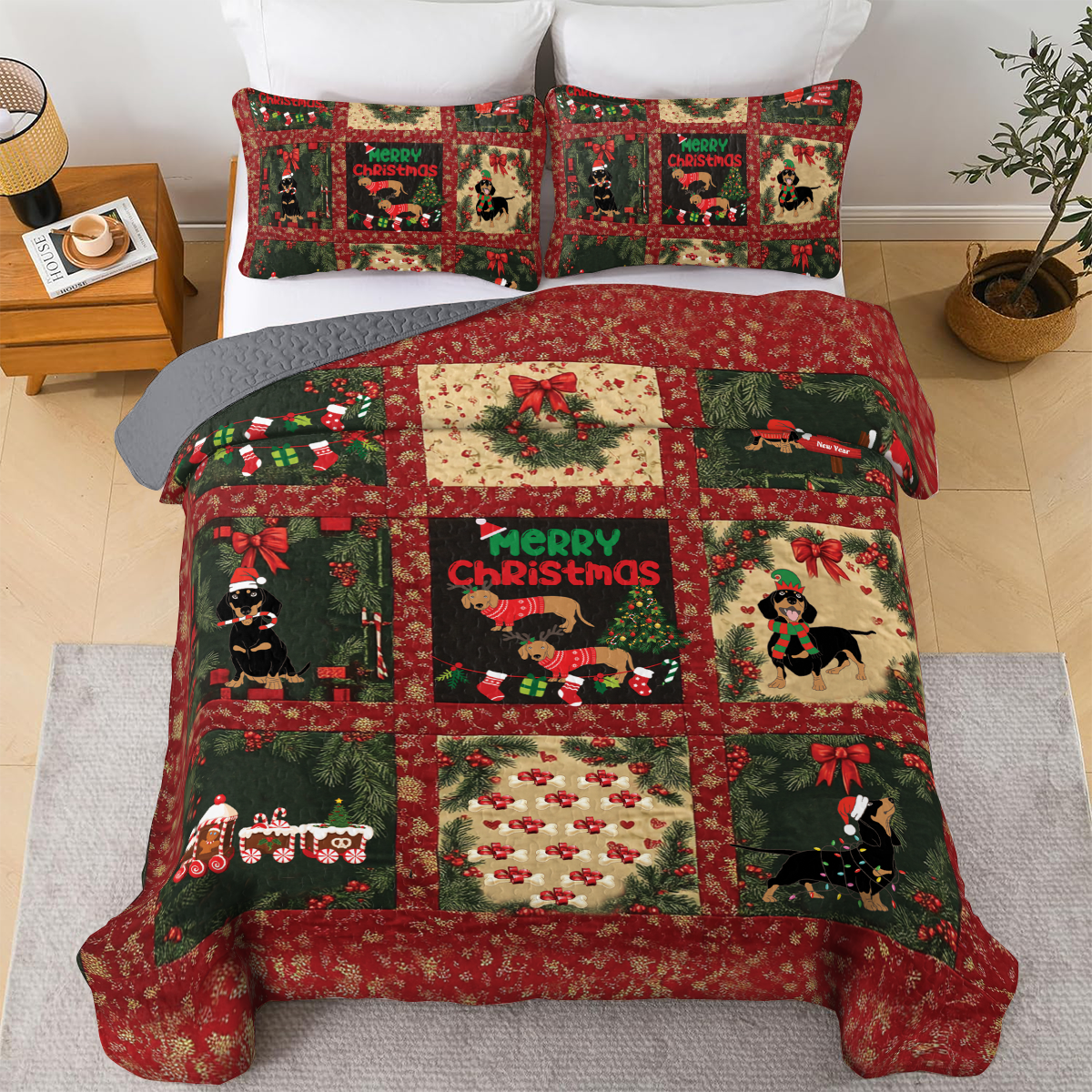 Shineful All Season Quilt 3-Piece Set - Yuletide Dachshund
