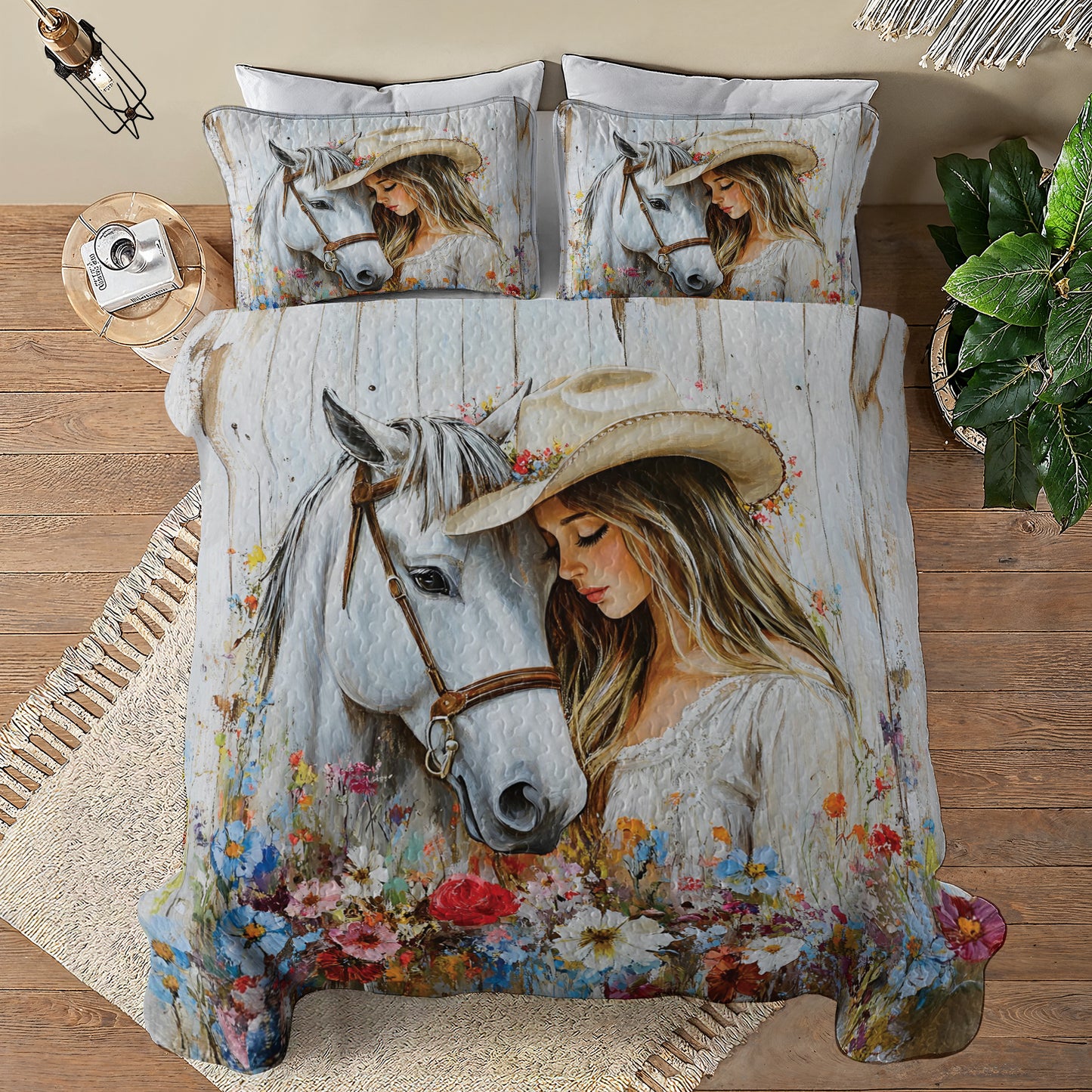 Shineful All Season Quilt 3-Piece Set Cowgirl And Horse