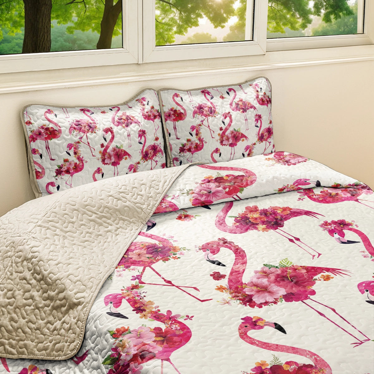 Shineful All Season Quilt 3-Piece Set - Floral Flamingo Fiesta